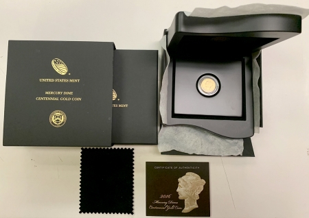 New Certified Coins 2016-W .999 1/10 OZ GOLD MERCURY CENTENNIAL DIME GEM SPECIMEN BU, BOX PKG COA