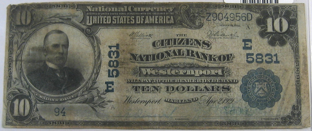 U.S. Currency 1902 $10 PB NATIONAL BANK NOTE – CH #5831 CNB WESTERNPORT MD: FR-633 PCGS VG-10
