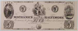 U.S. Currency 1830 BALTIMORE, MD MECHANICS BANK OF BALTIMORE $5 GEM PROOF R-7 SHANK #5.124.29P