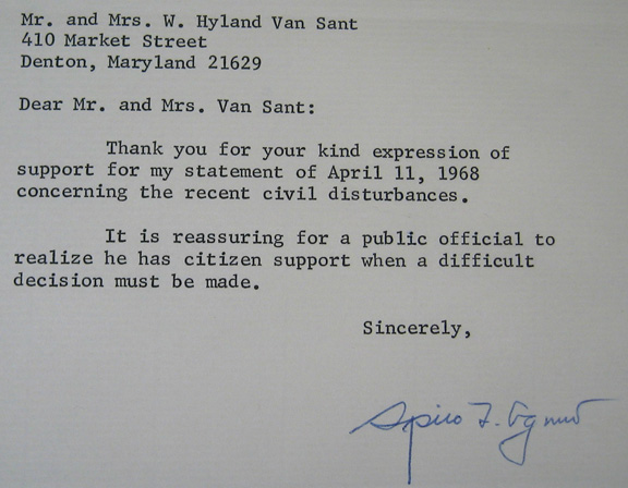 Other Collectibles May 1, 1968 SPIRTO T. AGNEW SIGNED LETTER, M.L. King ASSASSINATION w/Env. XF/NM