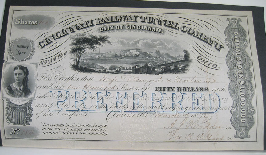Documents & Autographs 1872 CINCINNATI RAILWAY CO STOCK CERTIFICATE JAMES FREMONT SIGNED NEAR MINT