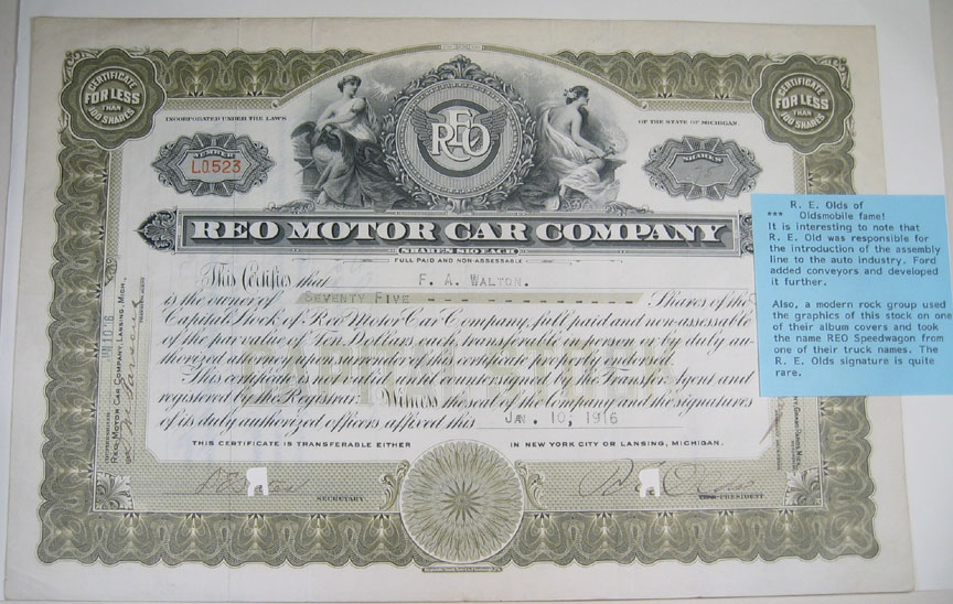 1916 Reo Motor Company Stock Certificate Ransom
