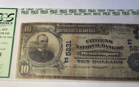 U.S. Currency 1902 $10 PB NATIONAL BANK NOTE – CH #5831 CNB WESTERNPORT MD: FR-633 PCGS VG-10