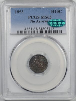 1853-H10C-NOARROWS-PCGS-MS63-CAC-312-1