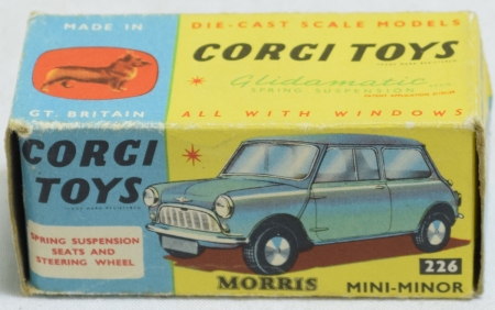 Corgi CORGI #226 MORRIS MINI MINOR, LIGHT BLUE W/ RED INTERIOR, SPUN HUBS, NR-MINT/BOX