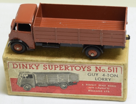 Vintage Diecast Toys DINKY #511 GUY 4 TON LORRY, RED-BROWN CAB, CHASSIS & HUBS, 1st TYPE CAB, VG+/BOX