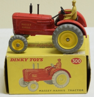 Vintage Diecast Toys DINKY #300 MASSEY-HARRIS TRACTOR, RED W/ YELLOW METAL WHEELS, YELLOW PICTURE BOX