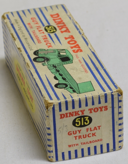 Vintage Diecast Toys DINKY #513 GUY FLAT TRUCK W/ TAILBOARD, DK GREEN/MID-GREEN-VG/EXC, FAIR/GOOD BOX