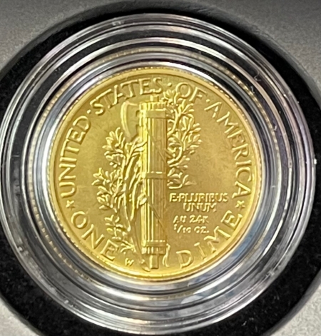 New Certified Coins 2016-W 1/10 OZ GOLD CENTENNIAL MERCURY DIME .999 SPECIMEN BU, SPOTTED, BOX + PKG