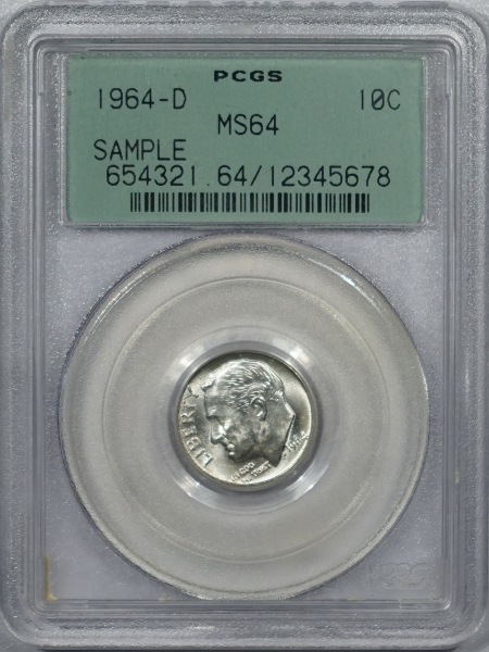 New Certified Coins 1964-D ROOSEVELT DIME – PCGS MS-64 SAMPLE HOLDER, GREEN LABEL, OGH