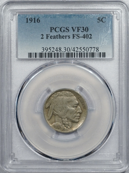 New Certified Coins 1916 BUFFALO NICKEL – 2 FEATHERS FS-402 – PCGS VF-30