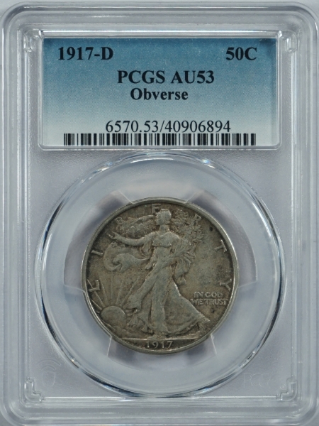 New Certified Coins 1917-D WALKING LIBERTY HALF DOLLAR – OBVERSE – PCGS AU-53 TOUGH!
