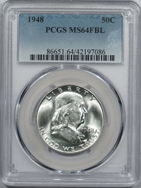 New Certified Coins 1948 FRANKLIN HALF DOLLAR – PCGS MS-64 FBL BLAST WHITE!