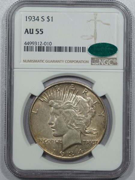 New Certified Coins 1934-S PEACE DOLLAR – NGC AU-55 FRESH, PREMIUM QUALITY & CAC APPROVED!