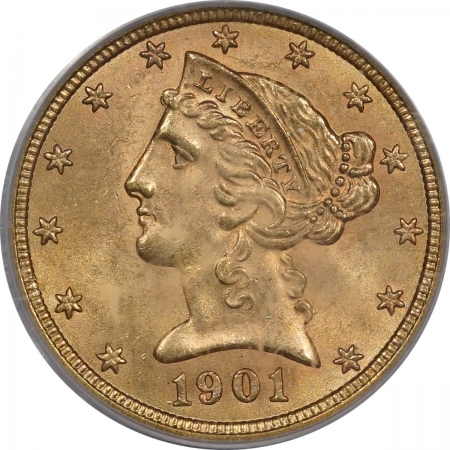 New Certified Coins 1901 $5 LIBERTY HEAD GOLD – PCGS MS-63, LOOKS MS-64 PREMIUM QUALITY!