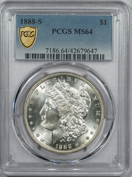 New Certified Coins 1888-S MORGAN DOLLAR PCGS MS-64, PREMIUM QUALITY+ – LOOKS GEM!