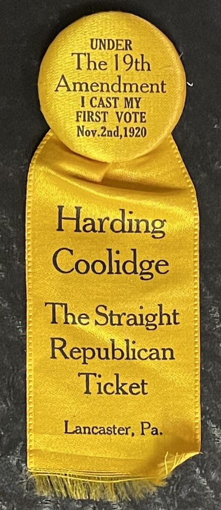 Pre-1920 1920 1 3/4″ SUFFRAGE, HARDING-COOLIDGE CAMPAIGN BUTTON/RIBBON, MINT/ORIG CARD!