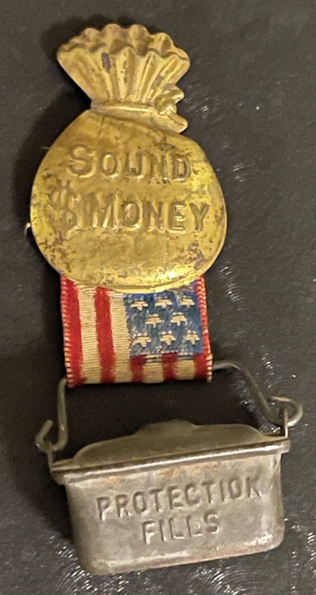 Pre-1920 RARE 1900 BRYAN 2 5/8″ BRASS “SOUND MONEY” PIN W/ RIBBON & LUNCH PAIL-NEAR MINT!