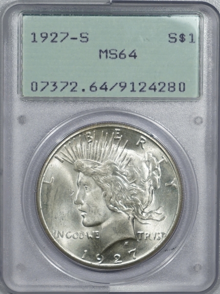New Certified Coins 1927-S PEACE DOLLAR – PCGS MS-64, FRESH WHITE & REALLY PQ, RATTLER HOLDER!