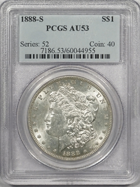 New Certified Coins 1888-S MORGAN DOLLAR – PCGS AU-53 PREMIUM QUALITY!