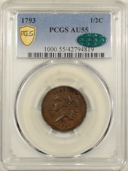 U.S. Certified Coins 1793 LIBERTY CAP HALF CENT – PCGS AU-55 CAC APPROVED, AMAZING EXAMPLE!
