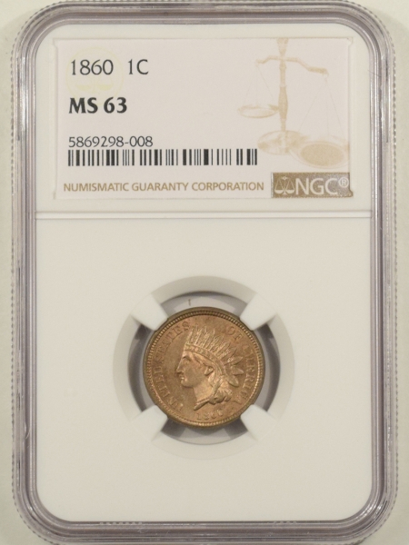 New Certified Coins 1860 INDIAN CENT – NGC MS-63, FLASHY CHOICE