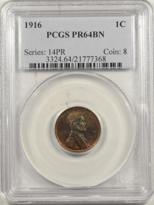 Lincoln Cents (Wheat) 1916 MATTE PROOF LINCOLN CENT – PCGS PR-64 BN PRETTY! RARE DATE!