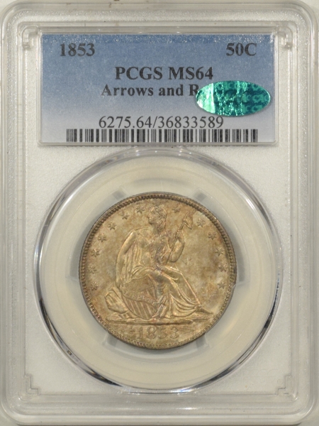 New Certified Coins 1853 SEATED LIBERTY HALF DOLLAR – ARROWS & RAYS – PCGS MS-64 CAC APPROVED