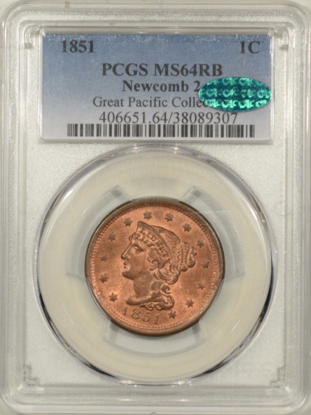 New Certified Coins 1851 BRAIDED HAIR LARGE CENT – NEWCOMB 2 – PCGS MS-64 RB CAC APPROVED!