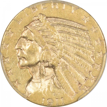 $5 1911-D $5 INDIAN GOLD, PCGS AU-55; VERY SCARCE; MORE SO THAN $2.50 COUNTERPART!