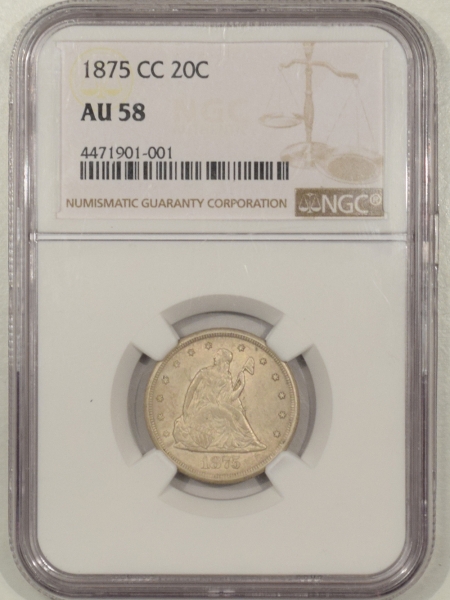 New Certified Coins 1875-CC TWENTY CENT PC – NGC AU-58