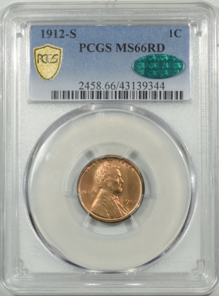 New Certified Coins 1912-S LINCOLN CENT – PCGS MS-66 RD, CAC! FIRERY RED GEM! TOP POP! RARE CAC!
