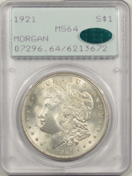 New Certified Coins 1921 MORGAN DOLLAR – PCGS MS-64, CAC! PREMIUM QUALITY! LOOKS MS-65+! RATTLER!