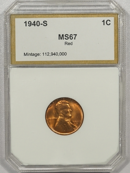 New Certified Coins 1940-S LINCOLN CENT – PCI MS-67 RED, (LOOKS 66 RED TO US), BUT NICE COIN