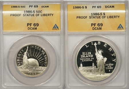New Certified Coins 1986-S $1 & 50c PROOF STATUE OF LIBERTY COMMEMORATIVE SET OF 2  ANACS PF-69 DCAM