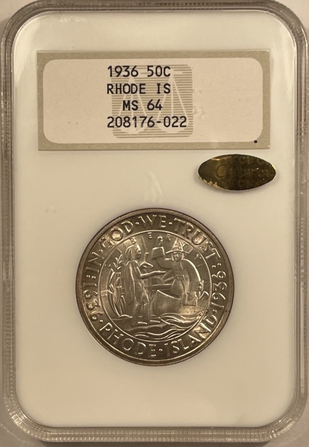 New Certified Coins 1936 RHODE ISLAND COMMEM HALF DOLLAR – NGC MS-64 FATTIE GOLD CAC, PQ & LOOKS 66+