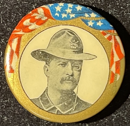 Pre-1920 1904 TEDDY ROOSEVELT W/ UNIFORM & ROUGH RIDER HAT 1 1/4″ CAMPAIGN BUTTON-MINT!