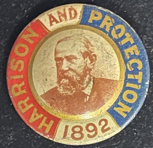 Pre-1920 SCARCE 1892 “HARRISON AND PROTECTION” 1 3/8″ MULTICOLOR BADGE, EXCELLENT COND!