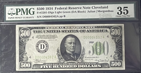 Small Federal Reserve Notes 1934 $500 FRN, CLEVELAND, FR-2201-Dlgs, DA BLOCK, PMG CH VF-35, LOW S/N, FRESH!