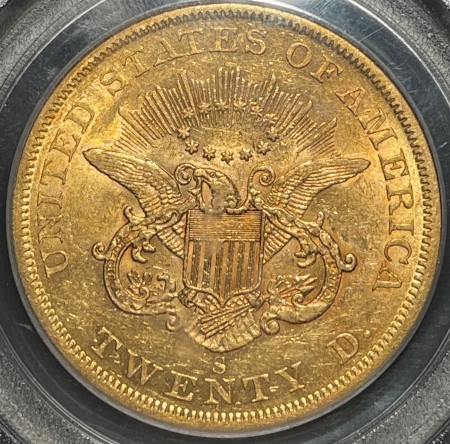 $20 1856-S $20 LIBERTY TY I, SS CENTRAL AMERICA, PCGS AU-50, GOLD FOIL HOLDER, PQ++!