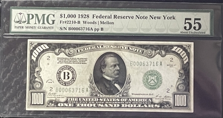 Small Federal Reserve Notes 1928 $1000 FRN, NEW YORK, FR #2210-B, PMG AU-55, PRETTY NOTE & FRESH-TO-MARKET!