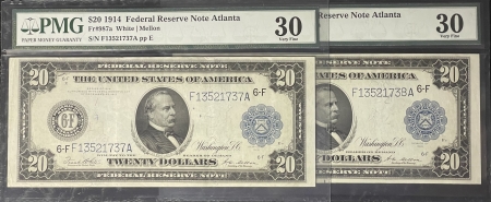 Large Federal Reserve Notes 1914 $20 FRN PAIR, ATLANTA, COSECUTIVE SERIAL #, FR-987a, PMG VF-30, LOOK BETTER