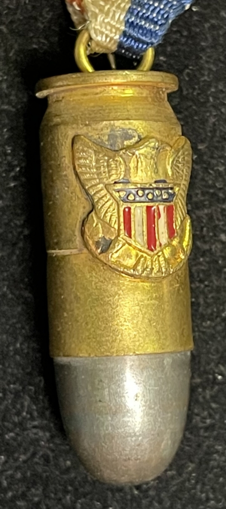 Pre-1920 WILSON-PERSHING WW I PATRIOTIC 1 1/4″ CELLULOID BUTTON W/ ENAMELED 1911 BULLET!