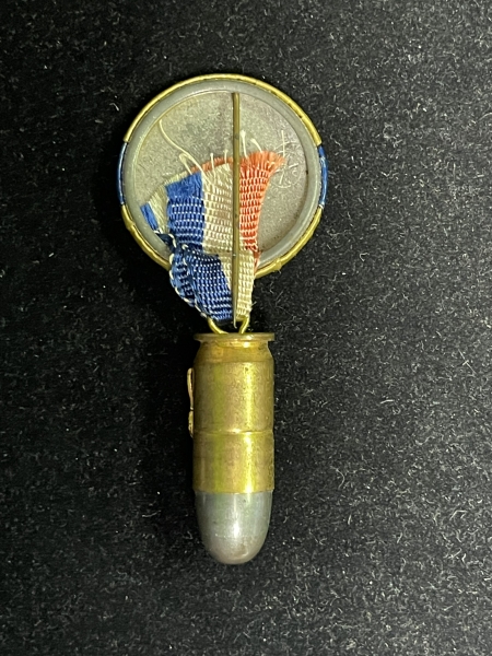 Pre-1920 WILSON-PERSHING WW I PATRIOTIC 1 1/4″ CELLULOID BUTTON W/ ENAMELED 1911 BULLET!