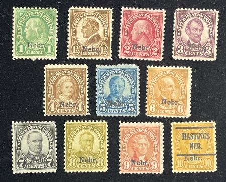 U.S. Stamps SCOTT #669-679 1c-10c NEBRASKA OVERPRINTS, MOG, FRESH COLOR, #679 USED, CAT $198