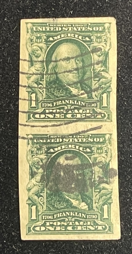 U.S. Stamps SCOTT #314 1c GREEN IMPERF PAIR, USED (2 SMALL THINS), APPEARS VF+, SCARCE USED!