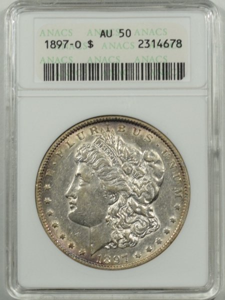 Coin World/Numismatic News Featured Coins 1897-O MORGAN DOLLAR, ANACS AU-50, ATTRACTIVE, STRONG UNDERLYING LUSTER, OWH!
