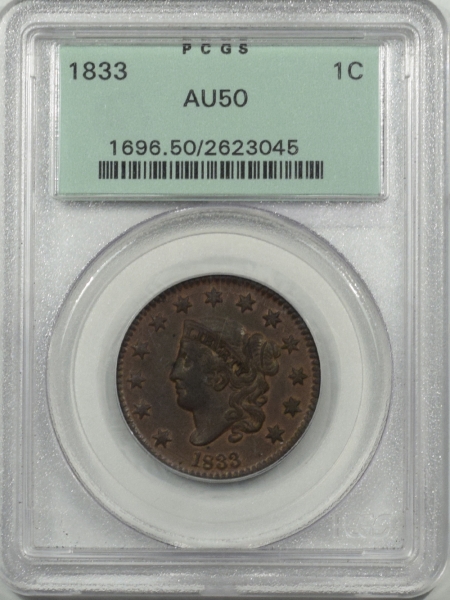 New Certified Coins 1833 CORONET HEAD LARGE CENT PCGS AU-50, OGH, PQ++, TRACES OF RED