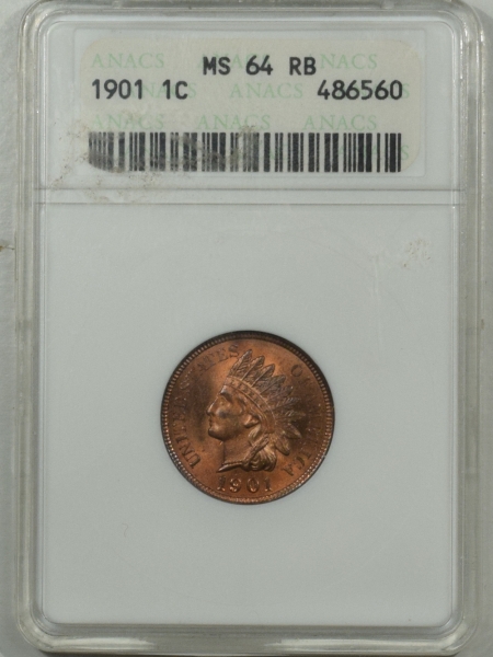 New Certified Coins 1901 INDIAN CENT ANACS MS-64 RB, OLD WHITE HOLDER, FLASHY