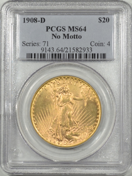 New Certified Coins 1908-D $20 ST GAUDENS GOLD – NO MOTTO – PCGS MS-64